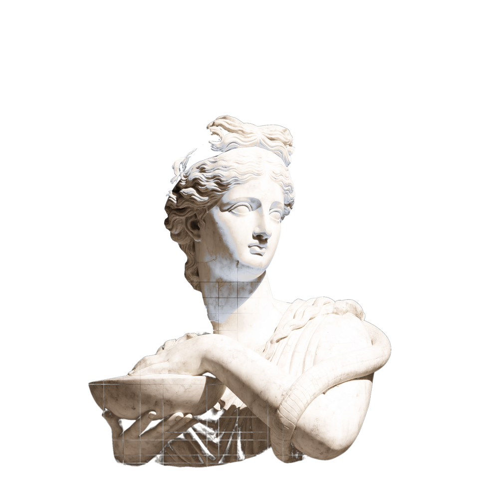 A marble sculpture of Hygieia, the classical goddess of health, with an animated halo of light, signal waves and a connecting grid behind her